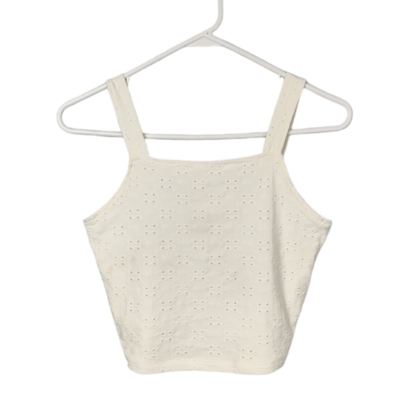 Wallflower White Ivory Eyelet Knit Crop Tank Top Size Med Stretch Embroidery - Picture 2 of 10